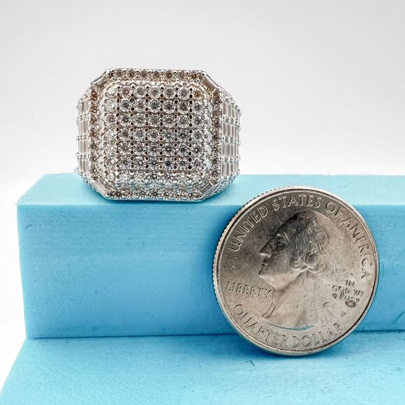 925 Sterling Sliver Moissanite Square Ring, 5.622ctw VVS Stones with Baguettes H - Picture 4 of 7